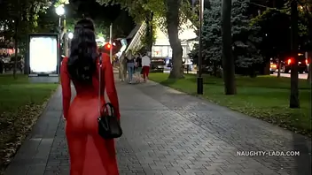 Xxxxxxxxxxxxx red transparent dress in public